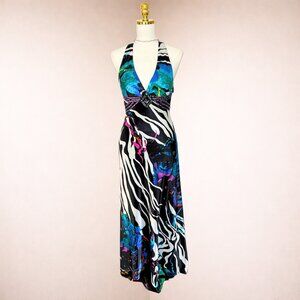 Vintage Y2K Cache Sequin Jeweled Halter Maxi Dress